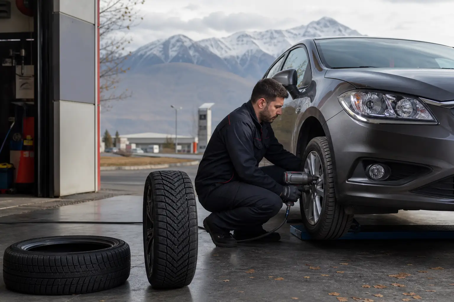 Ağrı’da ilk kar öncesinde binek otomobile kış lastiği hazırlayan lastik ustası