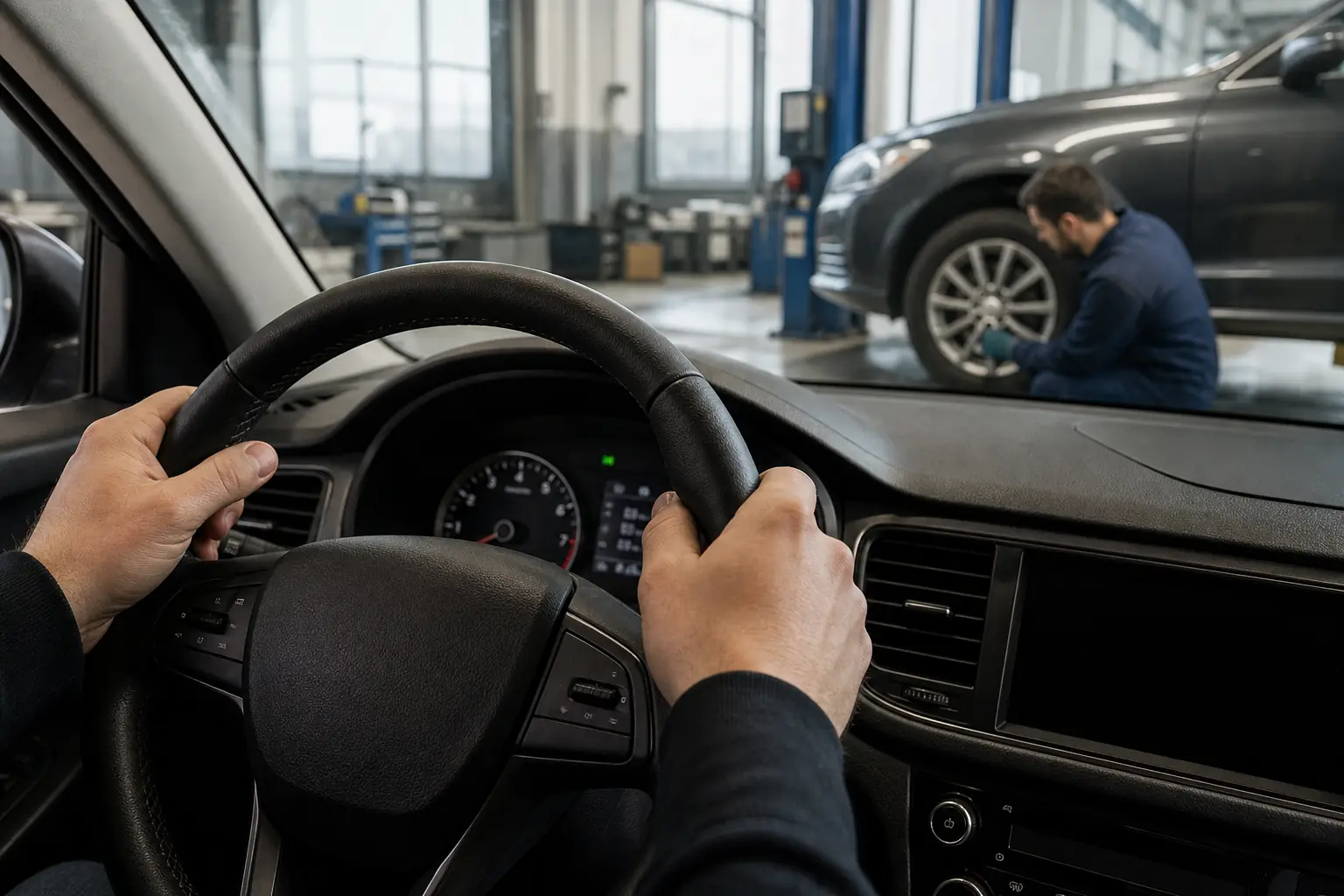 Sürücünün titreşim hissettiği otomobil direksiyonu ve servis alanında lastik kontrolü