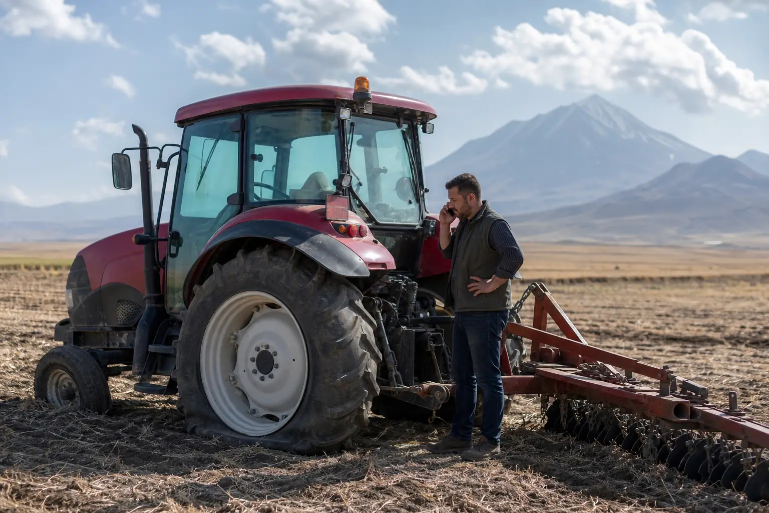 Ağrı’da tarlada güvenli şekilde durdurulmuş traktör ve hasarlı arka lastik
